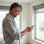 Homme programmant une télécommande Somfy devant un volet roulant dans une maison neuve