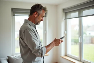Homme programmant une télécommande Somfy devant un volet roulant dans une maison neuve