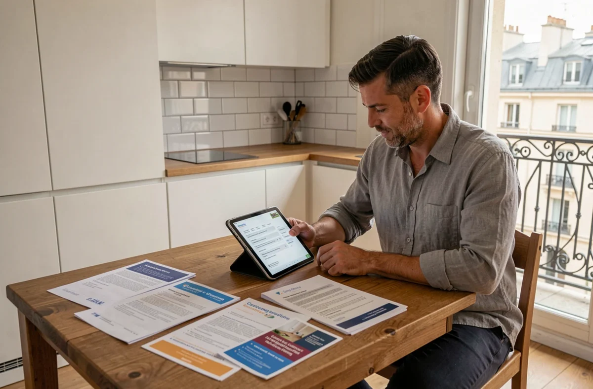 Propriétaire parisien comparant des devis de sociétés de ménage sur tablette dans sa cuisine moderne