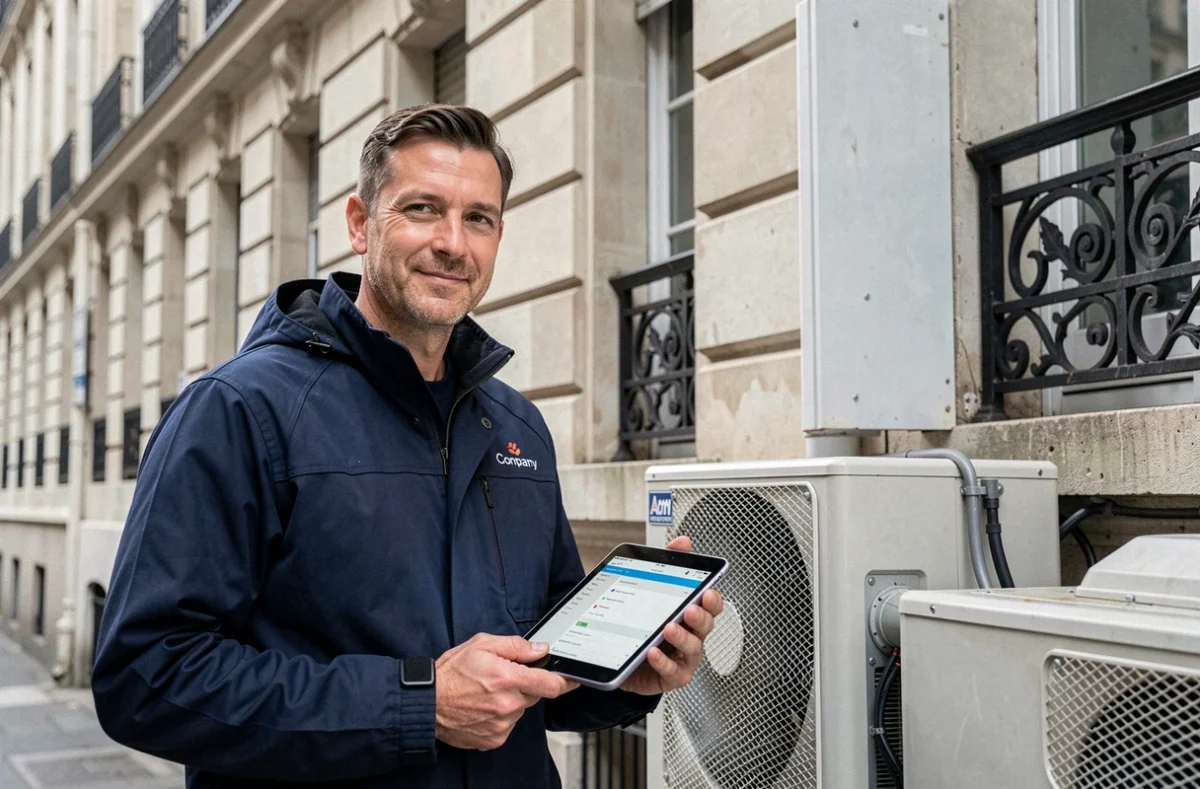 Technicien Proxiserve posant devant une pompe à chaleur installée sur un immeuble parisien