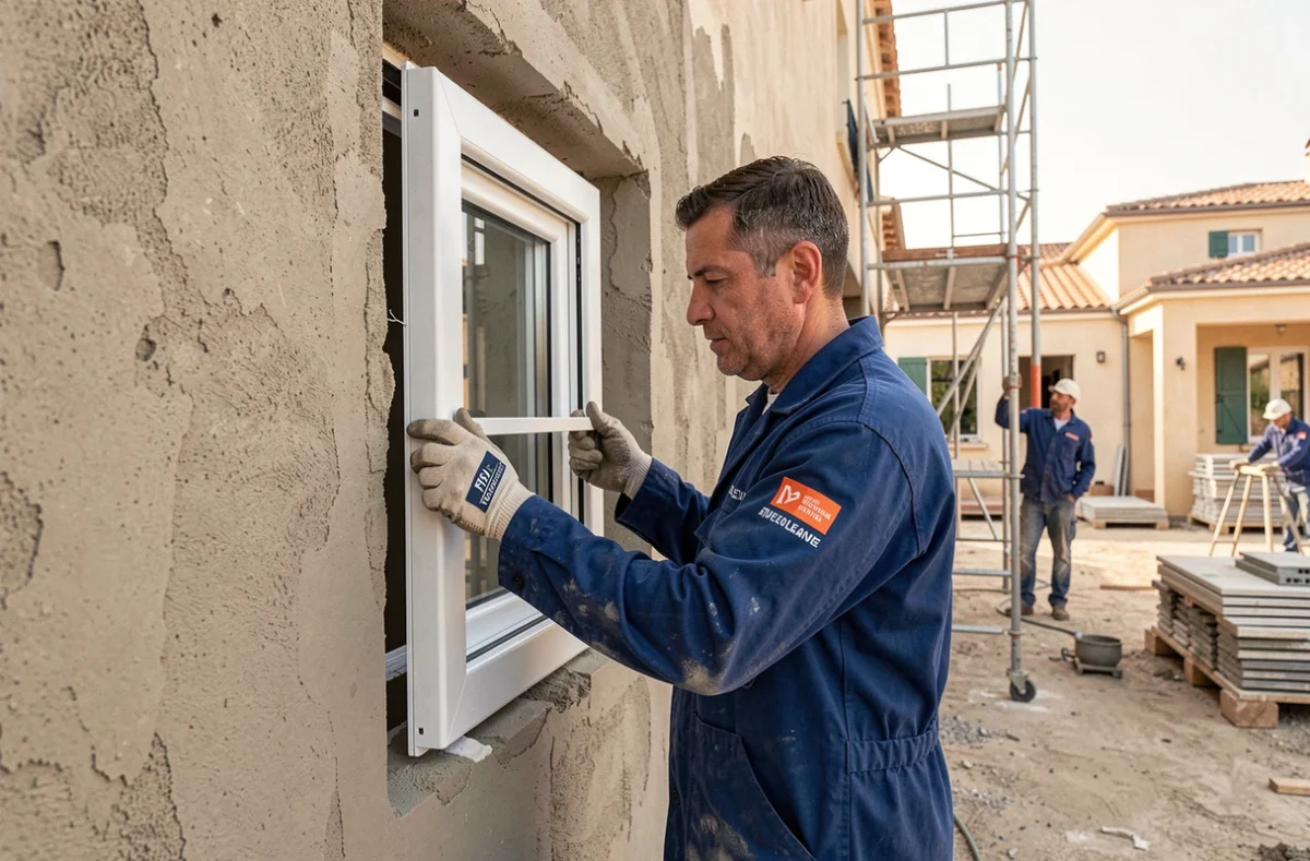 Installateur de P.V.C. Méditerranée posant un cadre de fenêtre en PVC blanc sur un chantier résidentiel près de Cannes