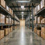 Rangées de racks industriels en acier chargés de palettes dans un entrepôt logistique spacieux