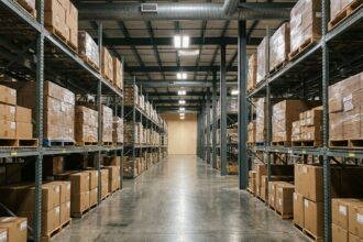 Rangées de racks industriels en acier chargés de palettes dans un entrepôt logistique spacieux