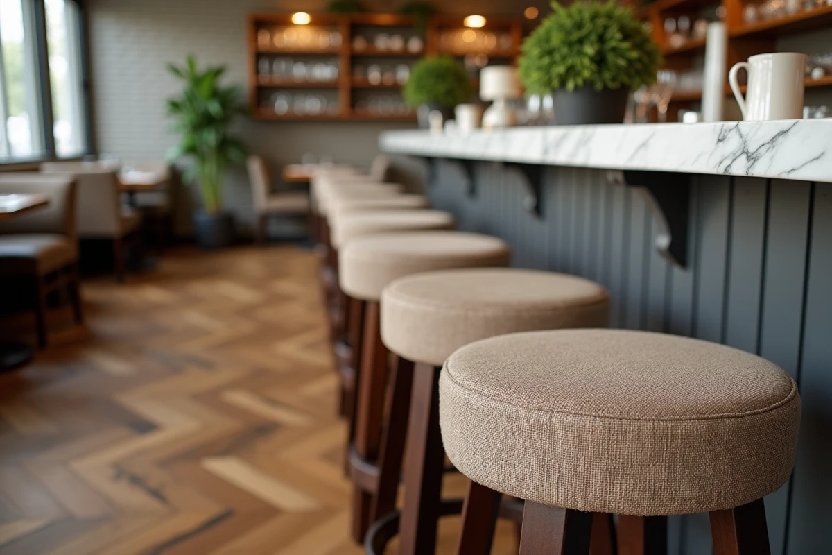 Rangée de tabourets de bar avec housses en tissu taupe assortis dans une brasserie contemporaine