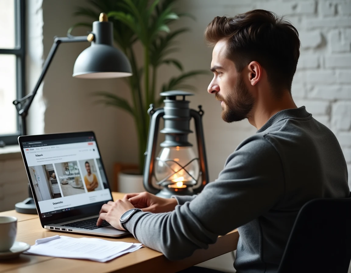 Homme recherchant les meilleurs prix de lampes à pétrole sur un site de comparaison en ligne