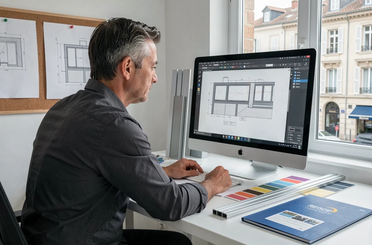 Designer de Regor Concept révisant des plans architecturaux de fenêtres avec des échantillons aluminium dans un studio de design moderne