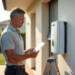 Homme réinitialisant le moteur d'un volet roulant solaire depuis un escabeau sur la façade d'une maison