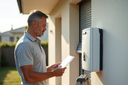 Homme réinitialisant le moteur d'un volet roulant solaire depuis un escabeau sur la façade d'une maison