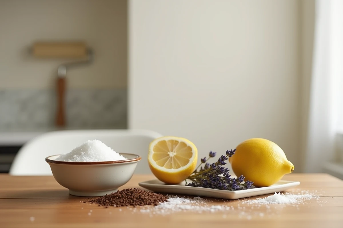 Remèdes naturels pour enlever l'odeur de peinture : sel, citron, marc de café et lavande sur une table en bois
