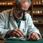 Horloger expérimenté remplaçant la pile d'une montre analogique dans un atelier traditionnel avec outils de précision