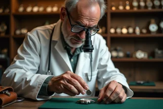 Horloger expérimenté remplaçant la pile d'une montre analogique dans un atelier traditionnel avec outils de précision