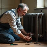 Homme en salopette réparant un radiateur en métal ancien