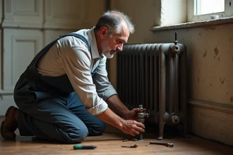 Homme en salopette réparant un radiateur en métal ancien