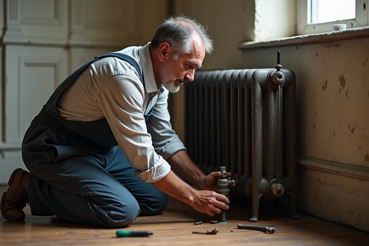Homme en salopette réparant un radiateur en métal ancien