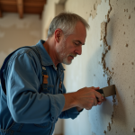 Ouvrier en bleu nettoyant un mur à la spatule