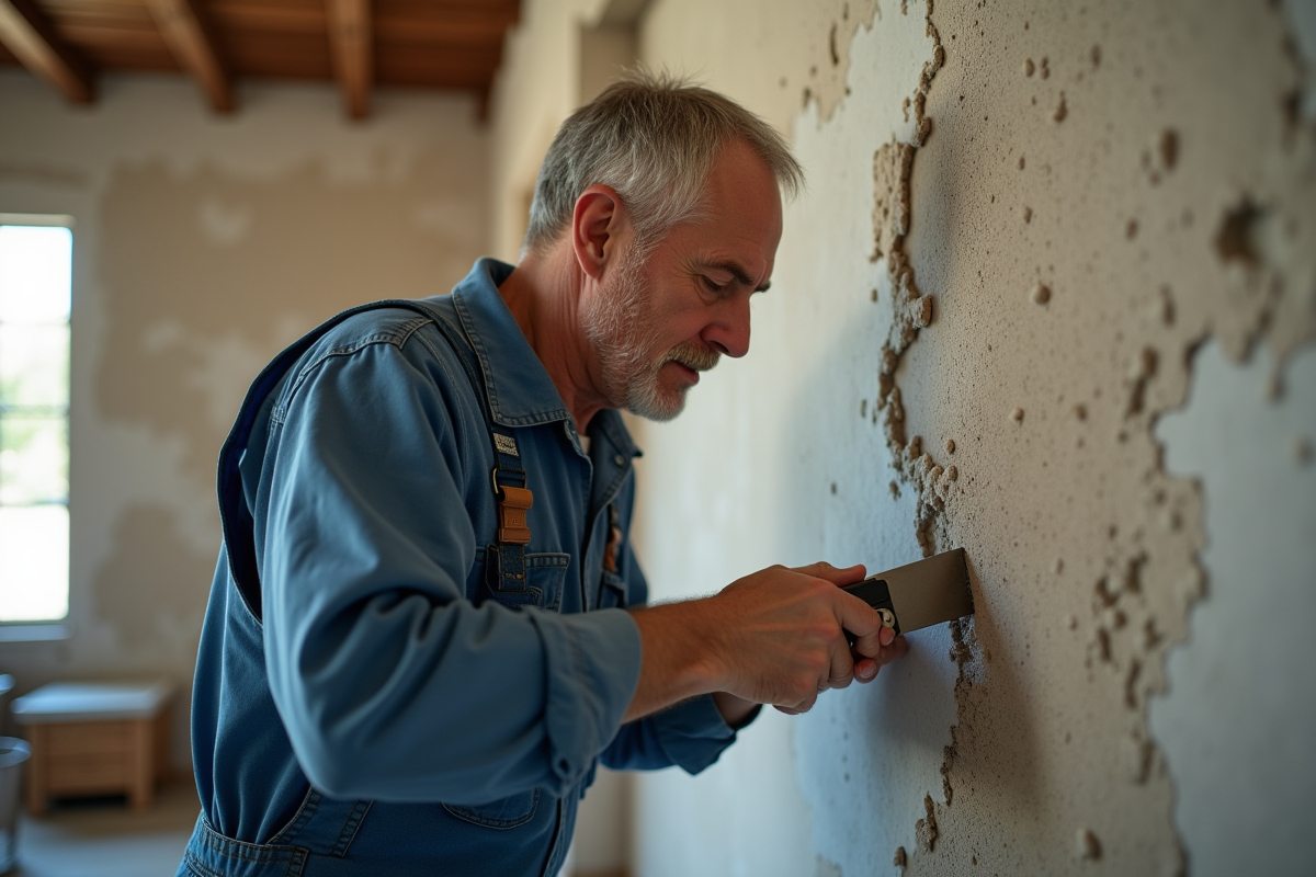 Ouvrier en bleu nettoyant un mur à la spatule