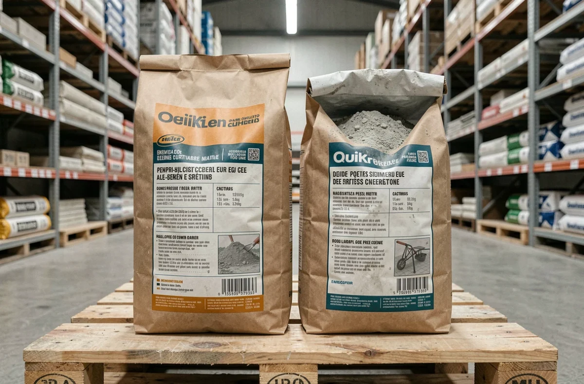 Sacs de mélange ciment sable prêt à l'emploi en rayon dans une grande surface de bricolage