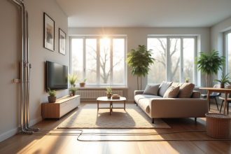 Salon moderne avec chauffage par le sol et répartiteur de chauffage