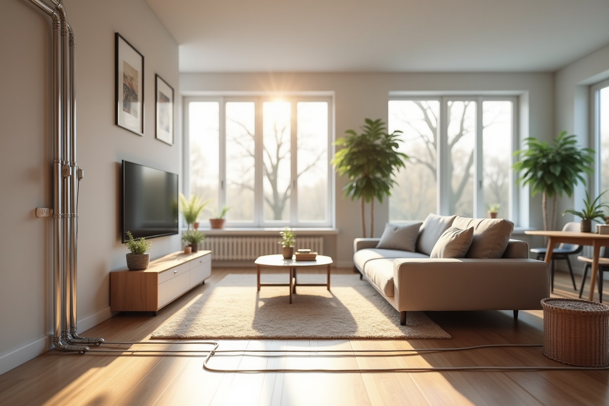 Salon moderne avec chauffage par le sol et répartiteur de chauffage