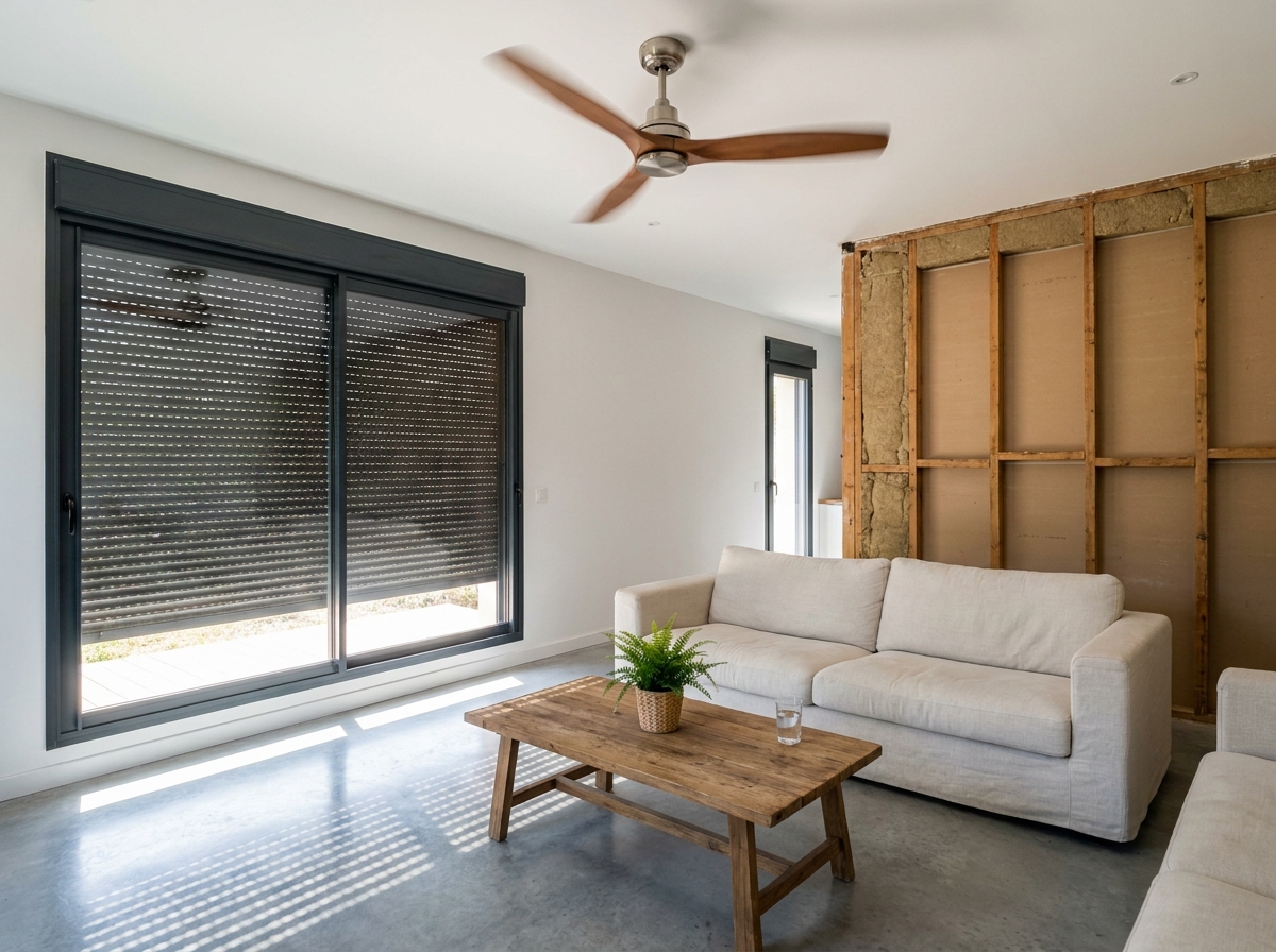 Salon d'un logement bien isolé avec volets roulants fermés et ventilateur de plafond pour gérer passivement la chaleur estivale sans climatisation