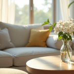 Salon moderne avec vase de jasmin lumineux et ambiance chaleureuse
