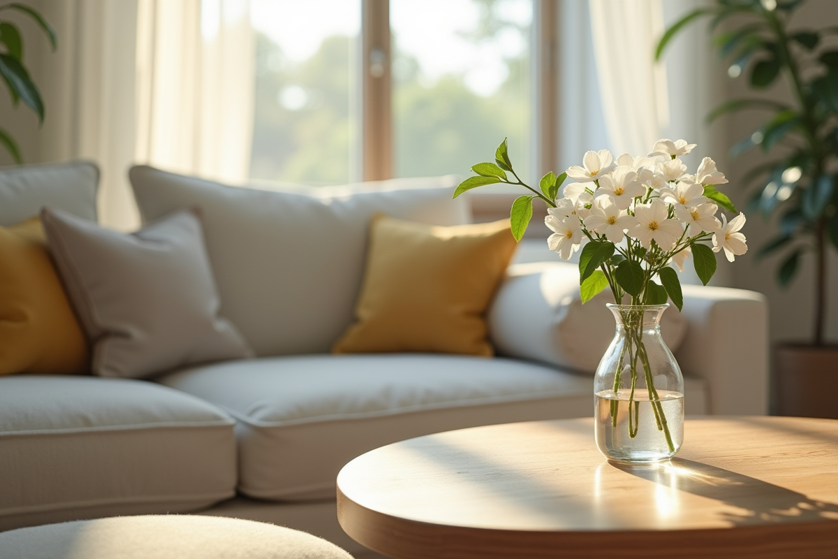 Salon moderne avec vase de jasmin lumineux et ambiance chaleureuse