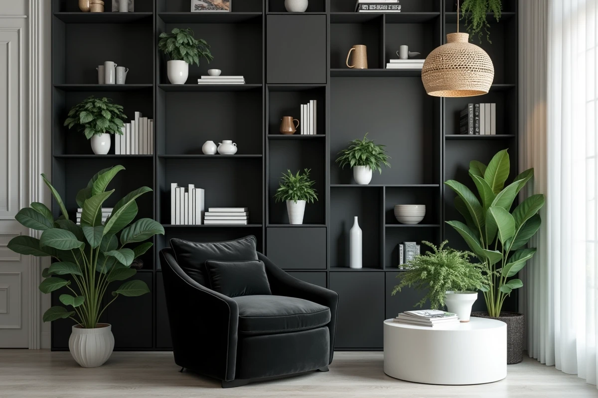 Salon monochrome noir et blanc avec fauteuil en velours sombre, plantes vertes intérieures et suspension en rotin naturel