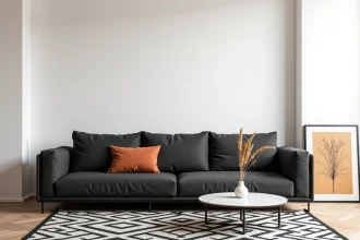 Salon noir et blanc sublimé par des accents terracotta et ocre, avec canapé en lin gris anthracite et vase en céramique sur table en marbre