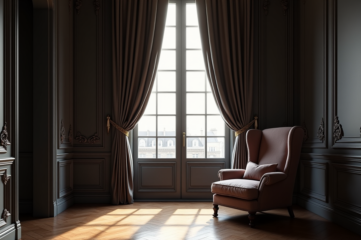 Salon parisien classique avec rideaux sombres et fauteuil en velours