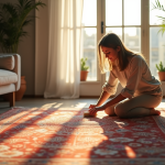 Salon moderne avec tapis turc et personne nettoyant
