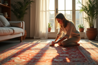 Salon moderne avec tapis turc et personne nettoyant