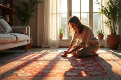 Salon moderne avec tapis turc et personne nettoyant