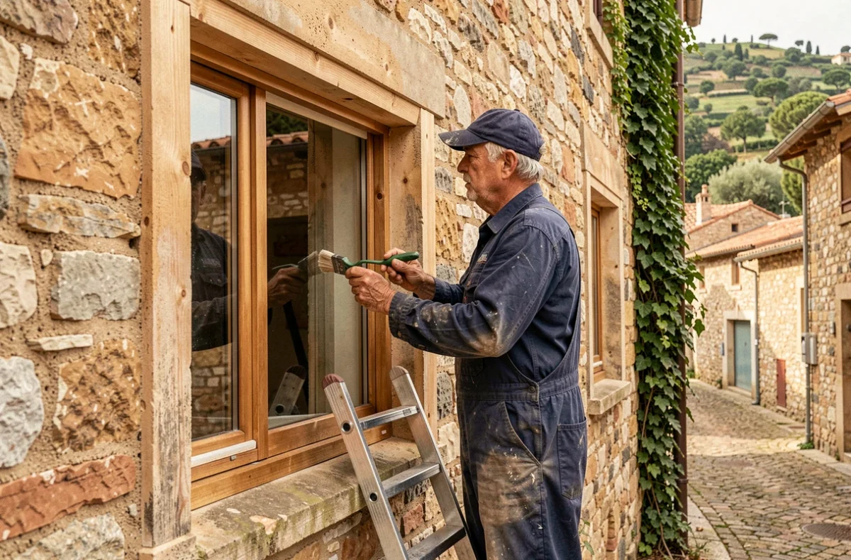 Artisan de la Sarl Touati André appliquant un joint d'étanchéité autour d'un cadre de fenêtre en bois sur une maison en pierre provençale