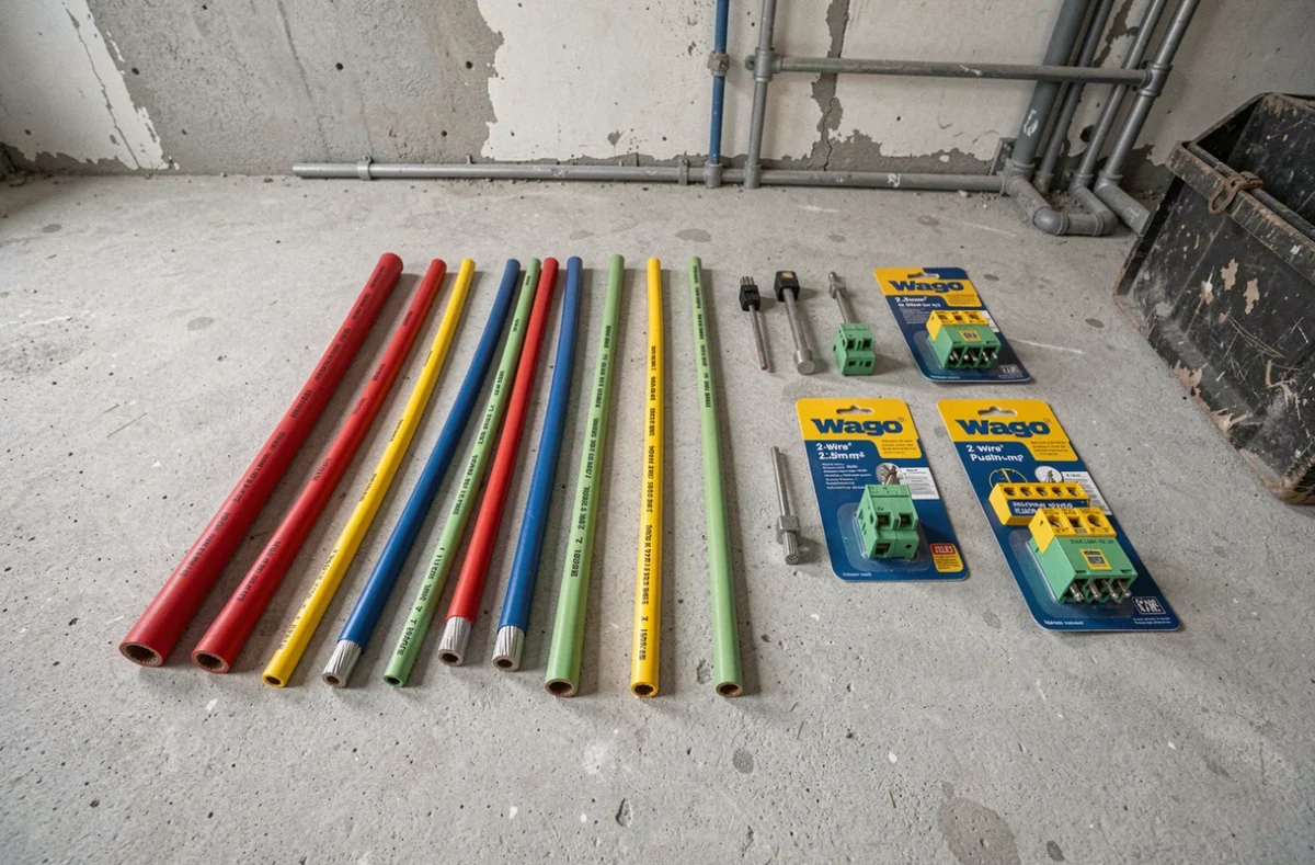 Sections de câble électrique 1,5mm² et 2,5mm² posées à côté de connecteurs Wago 2 fils sur un chantier de rénovation