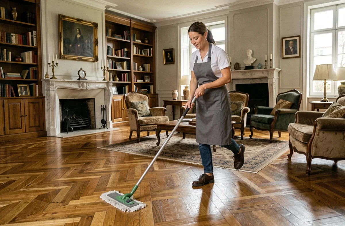Professionnelle de nettoyage en tablier gris faisant le ménage dans un salon avec parquet à Reims