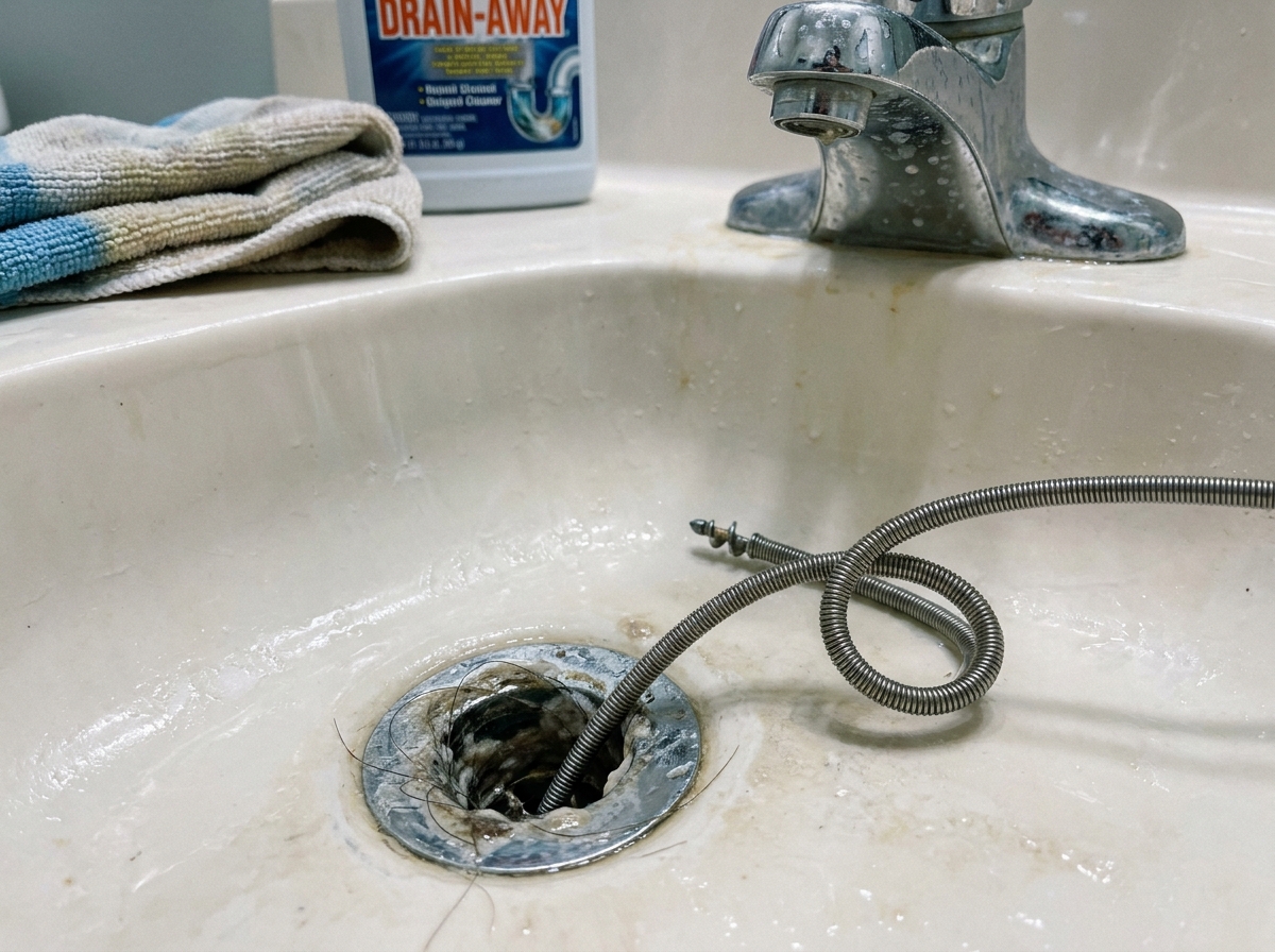 Gros plan sur un siphon de lavabo bouché avec un furet de débouchage