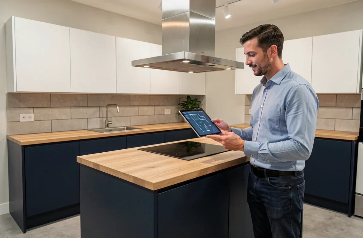 Designer So Coo'c présentant une cuisine bicolore marine et blanc dans le showroom d'Angers