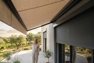 Femme examinant un store extérieur beige sur terrasse de maison bordelaise en Gironde