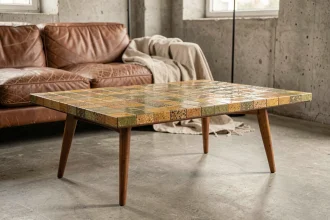Table basse style Roger Capron avec plateau en céramique mosaïque, posée dans un salon minimaliste parisien aux murs en béton brut