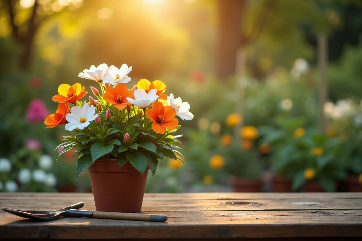 Table en bois avec begonia blanc et orange en matinée lumineuse