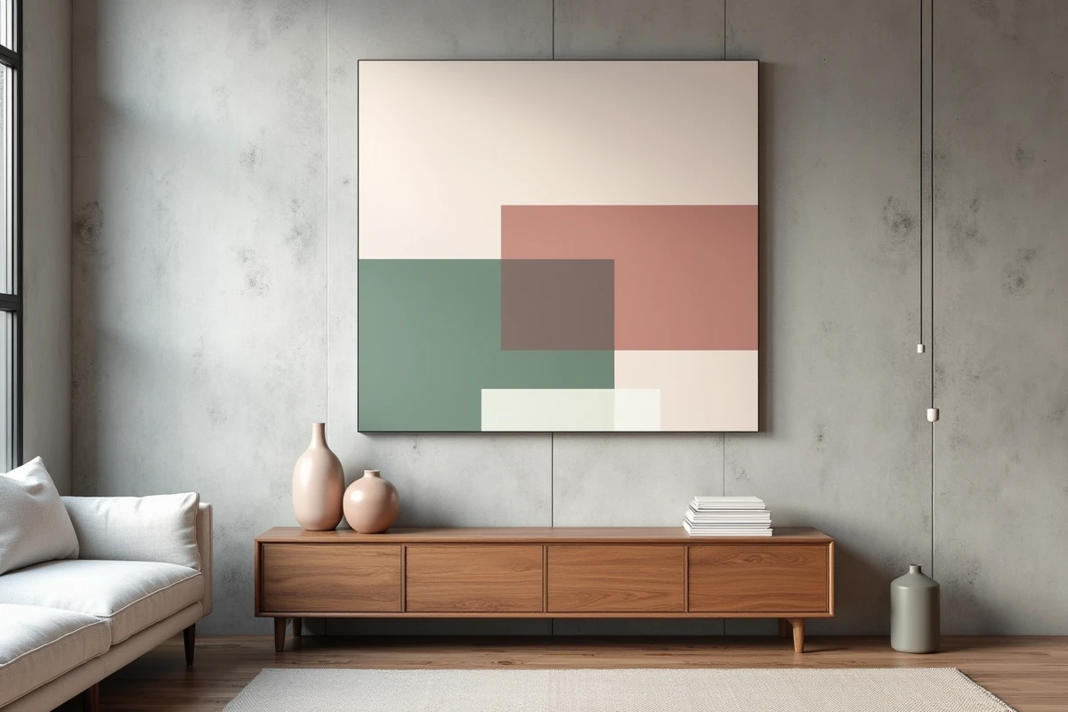 Tableau abstrait sur mesure en rose poudré et vert sauge accroché dans un salon scandinave minimaliste