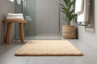 Tapis antidérapant en microfibre beige posé devant une douche italienne aux carreaux gris clair dans une salle de bains minimaliste