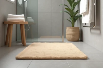 Tapis antidérapant en microfibre beige posé devant une douche italienne aux carreaux gris clair dans une salle de bains minimaliste