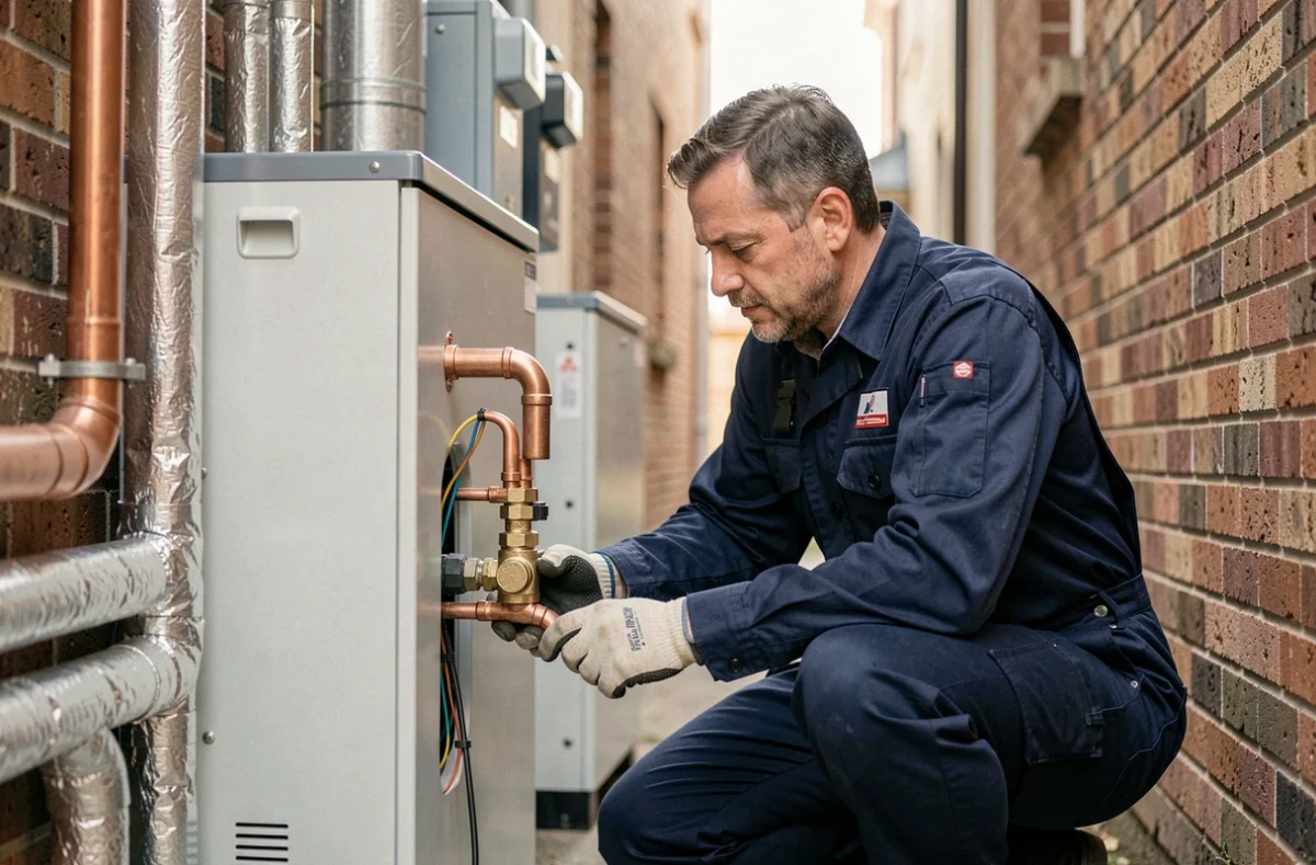 Technicien HVAC inspectant les raccordements d'une pompe à chaleur air-eau dans une allée résidentielle