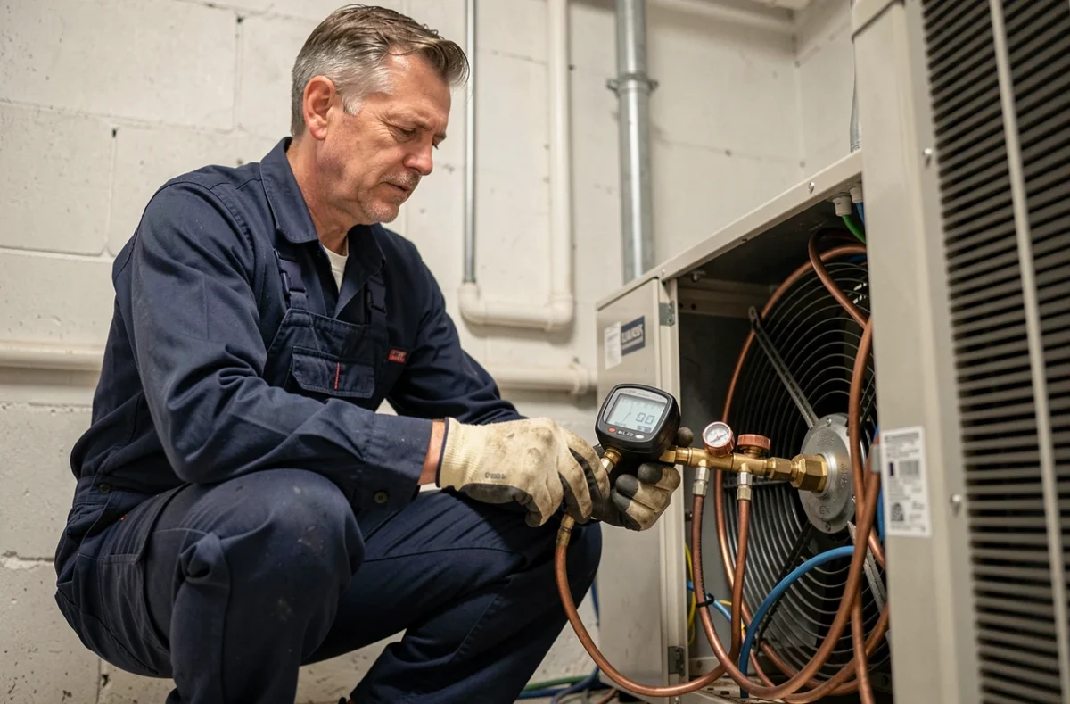 Technicien chauffagiste inspectant une pompe à chaleur 16kW Chaffoteaux dans une chaufferie
