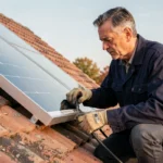 Technicien inspectant un panneau solaire thermique sur un toit de maison individuelle en France