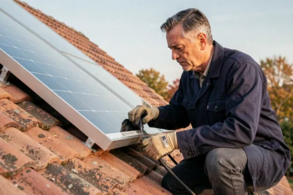 Technicien inspectant un panneau solaire thermique sur un toit de maison individuelle en France