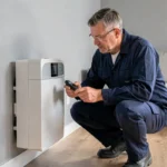 Technicien inspectant une pompe à chaleur murale installée dans un appartement moderne