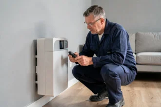 Technicien inspectant une pompe à chaleur murale installée dans un appartement moderne