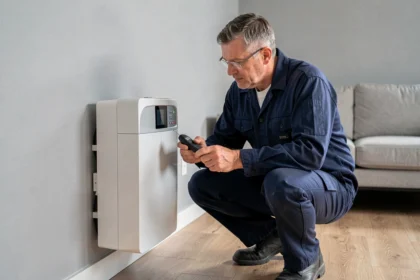 Technicien inspectant une pompe à chaleur murale installée dans un appartement moderne